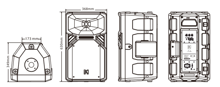 2分频12英寸DSP有源全频塑胶扬声器系统尺寸图